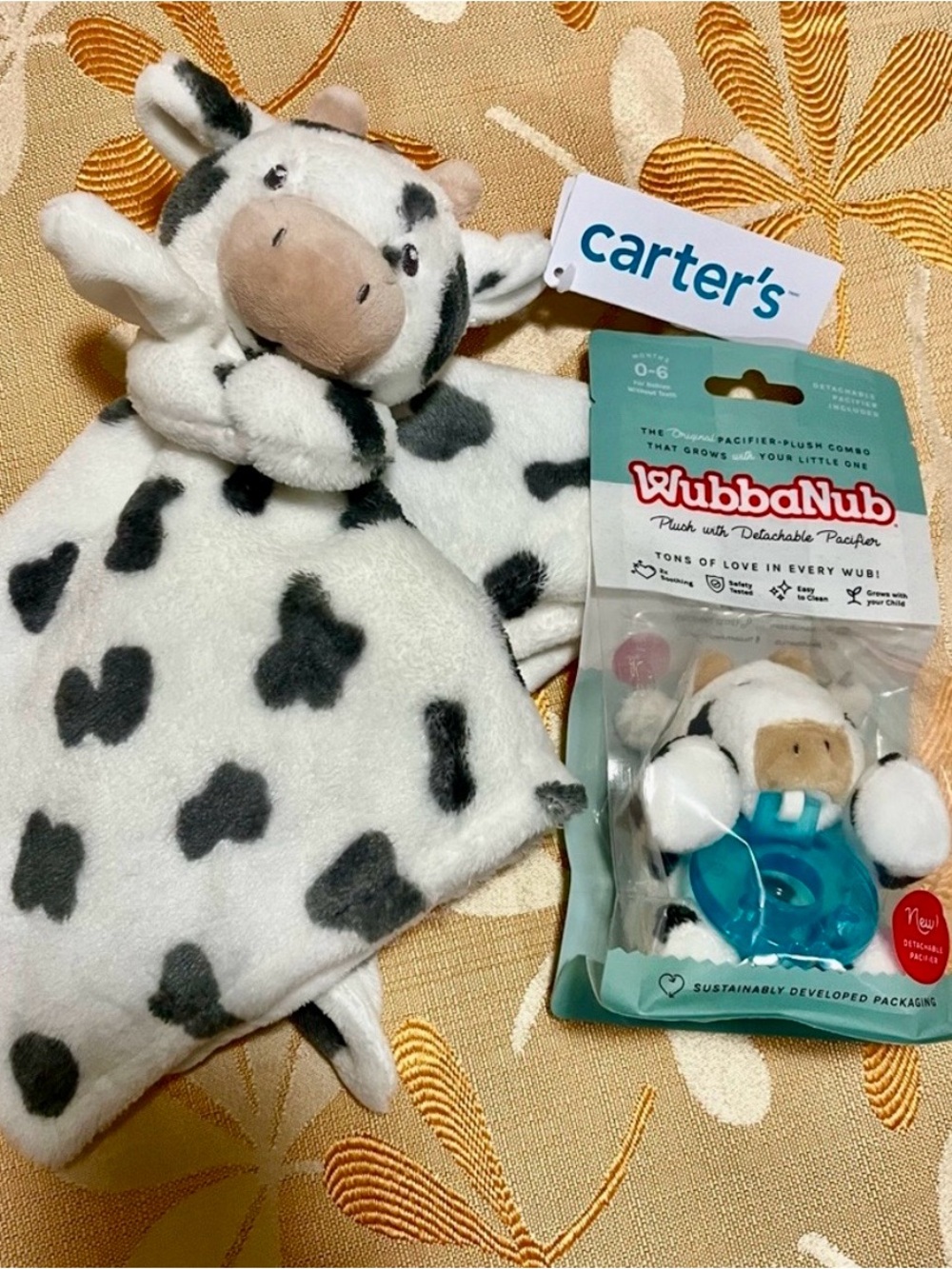 Carter's Cow Plush Lovey with Cow Teal Pacifier WubbaNub